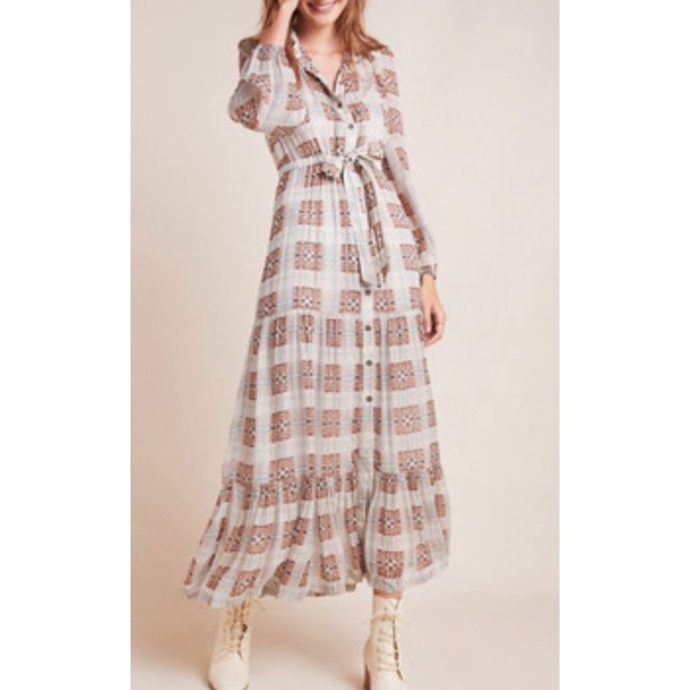 Anthropologie Cream and Brown Printed Maxi Dress